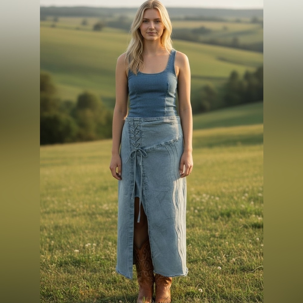 Vintage Denim Lace Up Midi Skirt Western Slit Blue 36 Waist